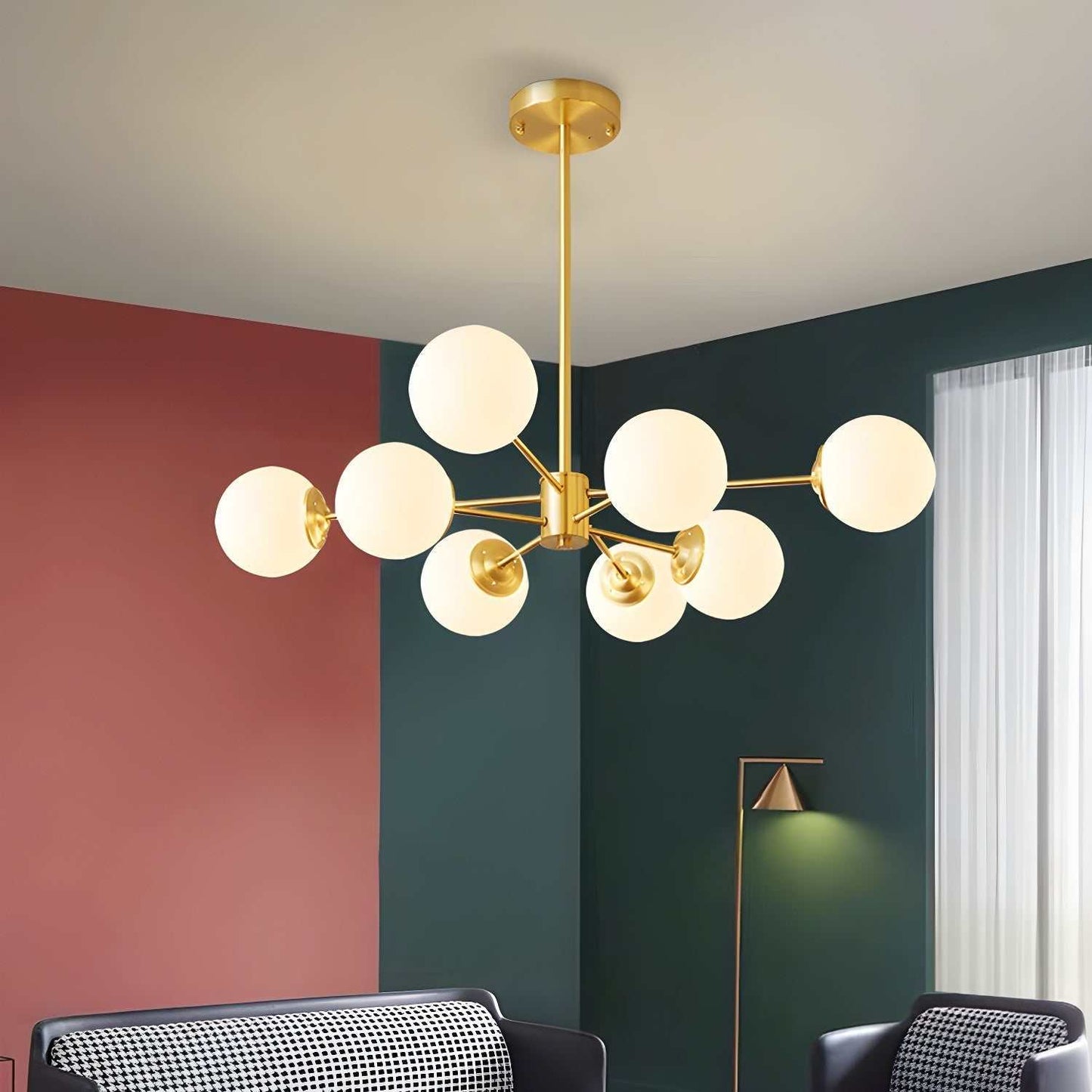 8-light globe pendant light with Sputnik design in a modern dining room setting - orangme.com