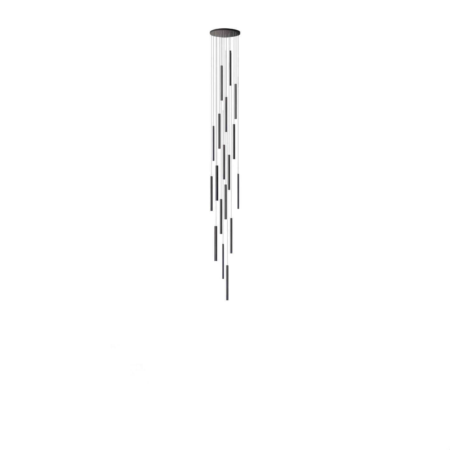 Modern black staircase chandelier with floating acrylic pendants illuminating a stairwell