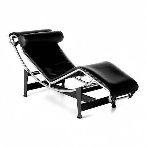LC4 Chaise Lounge in black full leather with polished steel frame, designed by Le Corbusier, Pierre Jeanneret, and Charlotte Perriand.