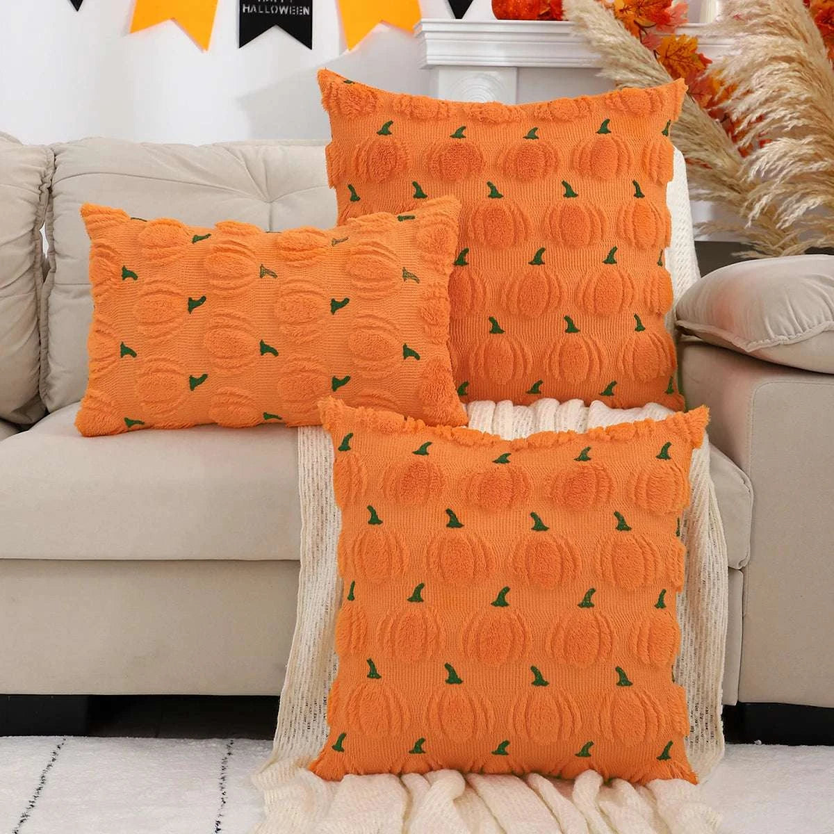 Halloween Pillow Cover | Geometric Ghost & Pumpkin Embroidery - Orangme