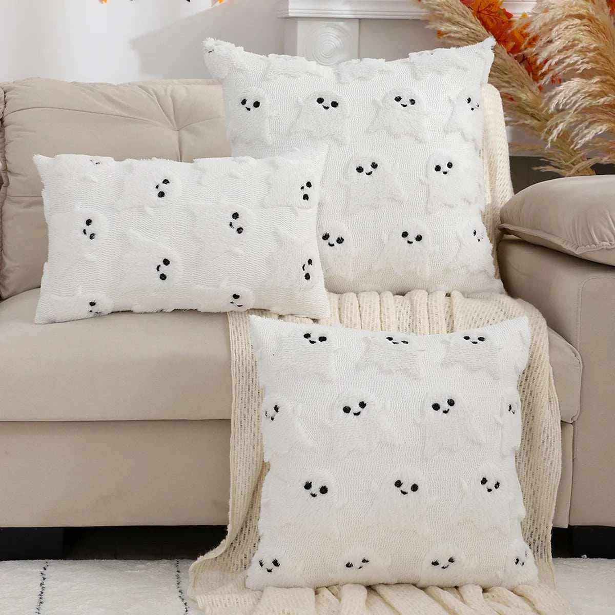 Halloween Pillow Cover | Geometric Ghost & Pumpkin Embroidery - Orangme