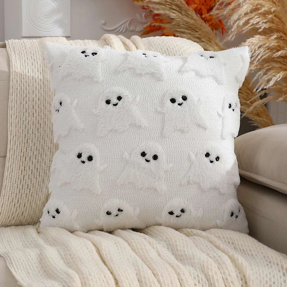 Halloween Pillow Cover | Geometric Ghost & Pumpkin Embroidery - Orangme