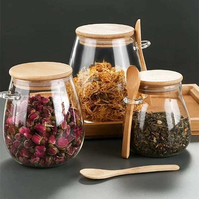 Kitchen glass food storage containers with airtight lids for fresh ingredients.