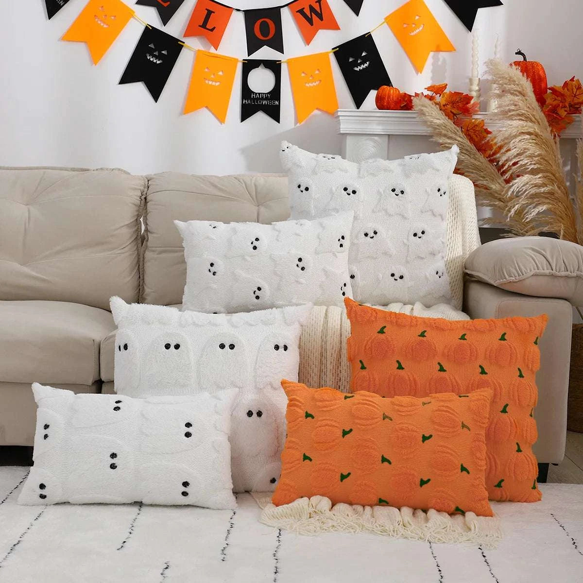 Halloween Pillow Cover | Geometric Ghost & Pumpkin Embroidery - Orangme
