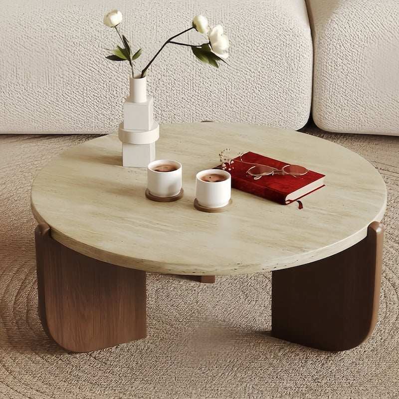 Solid wood natural travertine coffee table with marble top and rubber wood legs - orangme.com