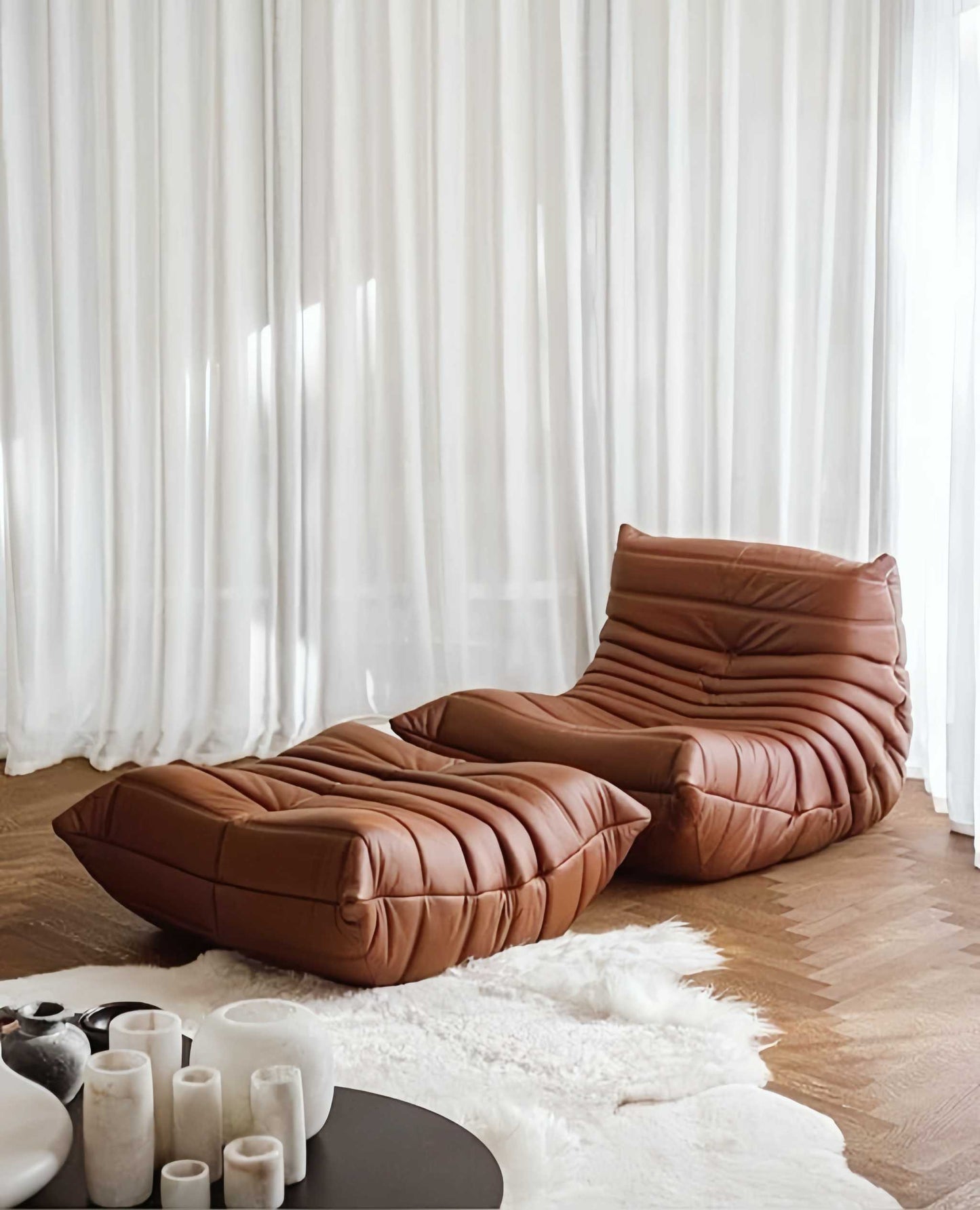 brown togo dupe chair with ottoman in microfiber leather - orangme.com