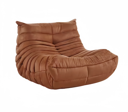 Togo Chair in brown suede velvet, minimalist modern living room furniture.