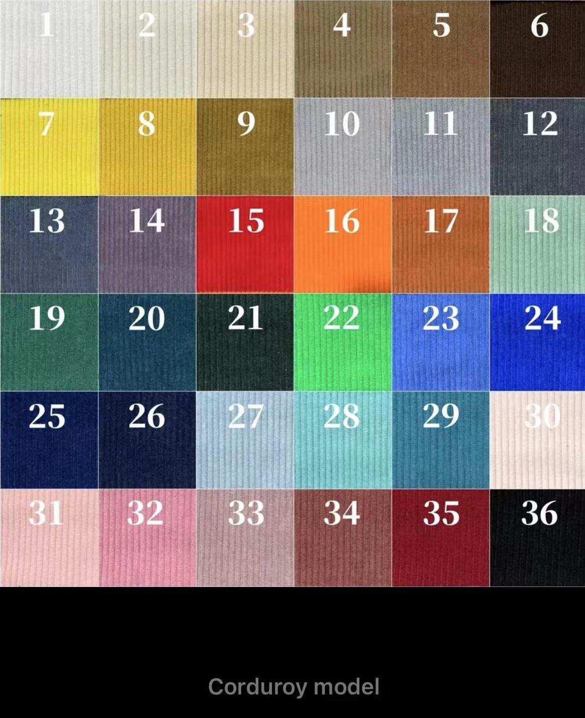 Corduroy fabric color options for Togo 3 seater sofa, featuring vibrant shades like red, black, brown, orange, and pink.