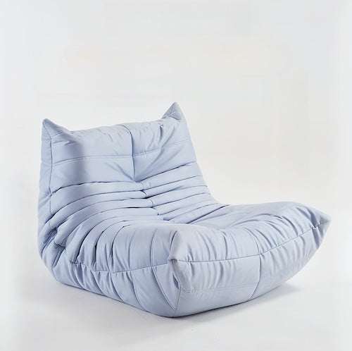 Togo Chair in light blue fabric, minimalist modern design for living room comfort.