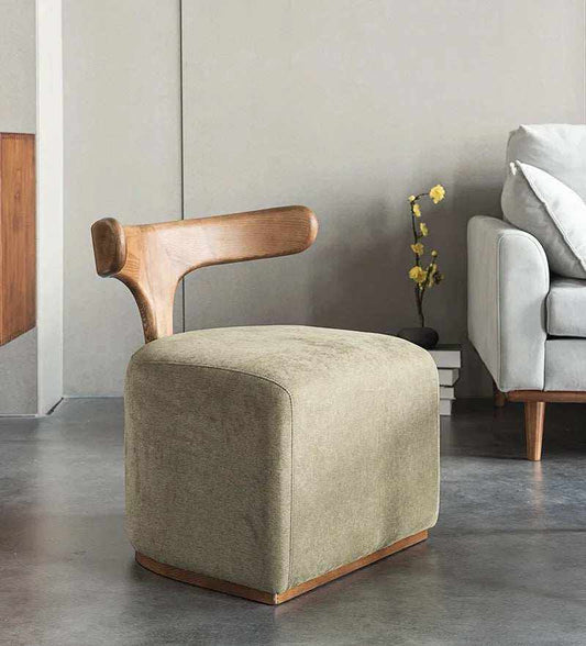 Accent chair for Living Room Corner Ideas, with olive green textured upholstery, a sculptural light wood backrest and wooden base.