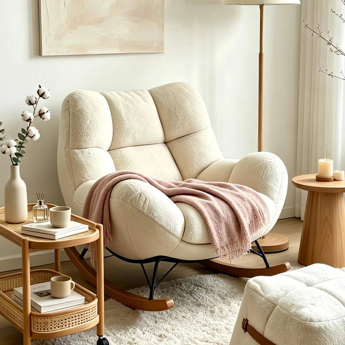 Cream Style Lazy Rocking Chair, Oversized Hugging Sleeper Lounge Sofa for Living Room Balcony