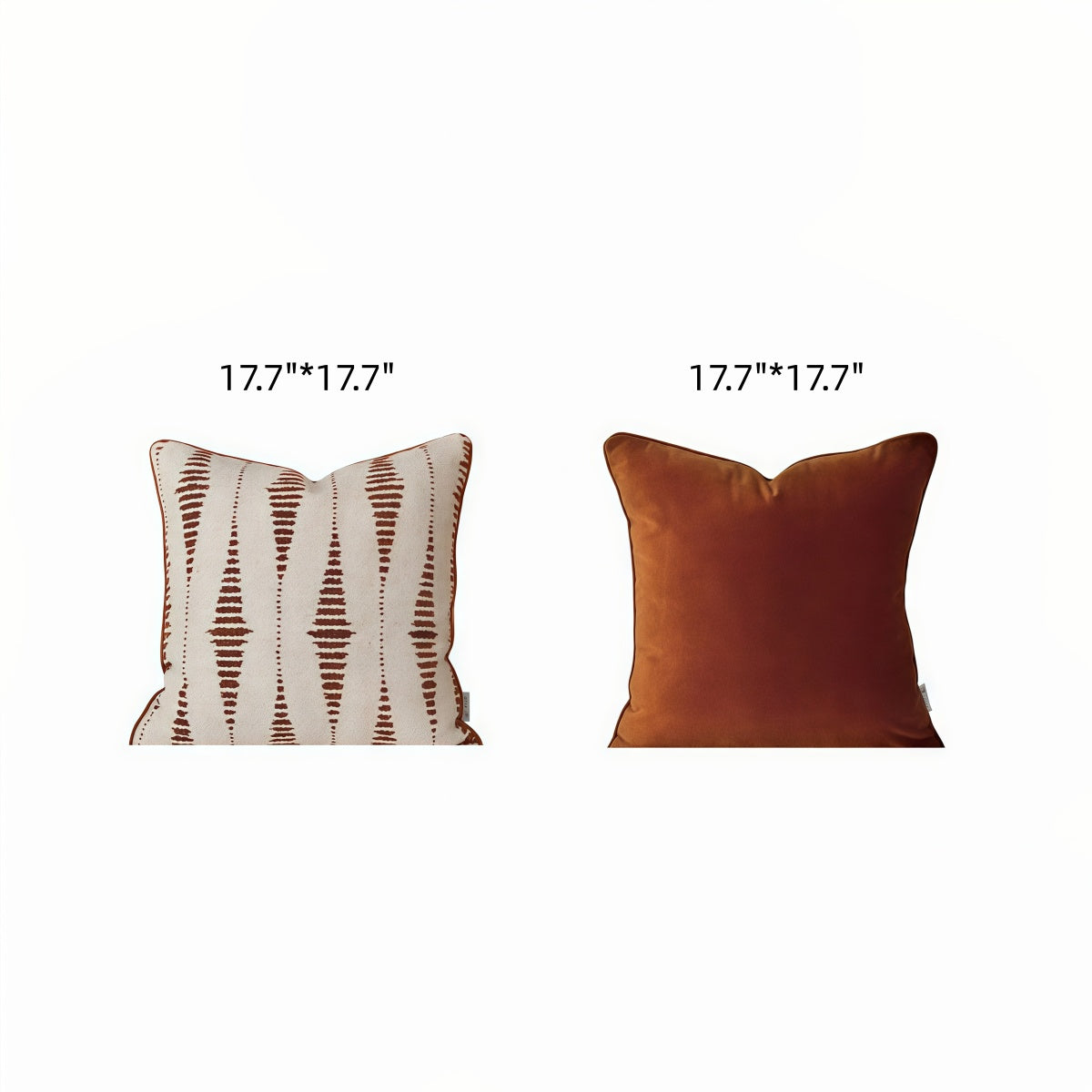Maillard-Style Vintage-Inspired Fabric Throw Pillow set in cream and rust brown, with geometric jacquard and solid velvet covers.