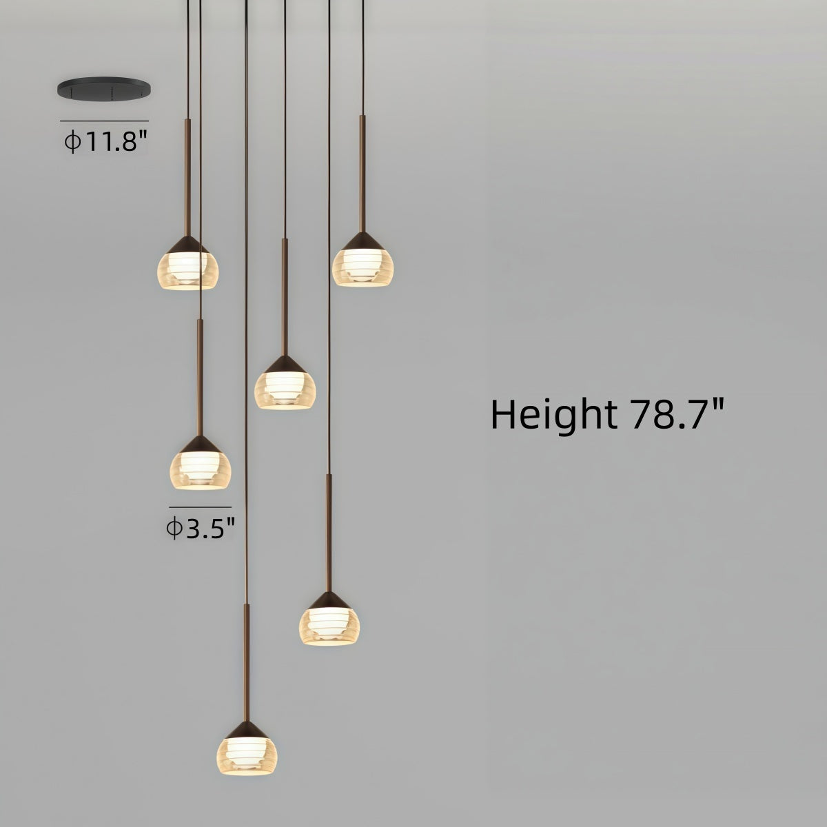 Minimalist Chandelier with five staggered pendant lights, slim dark metal cords and warm ivory ribbed glass shades.