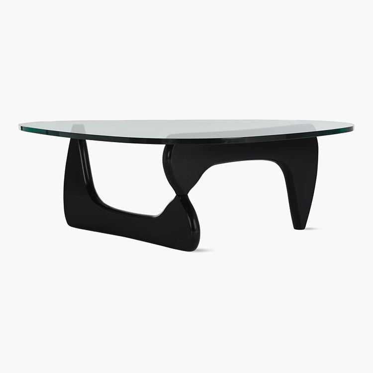 Noguchi Coffee Table Replica with interlocking wood base and glass top.