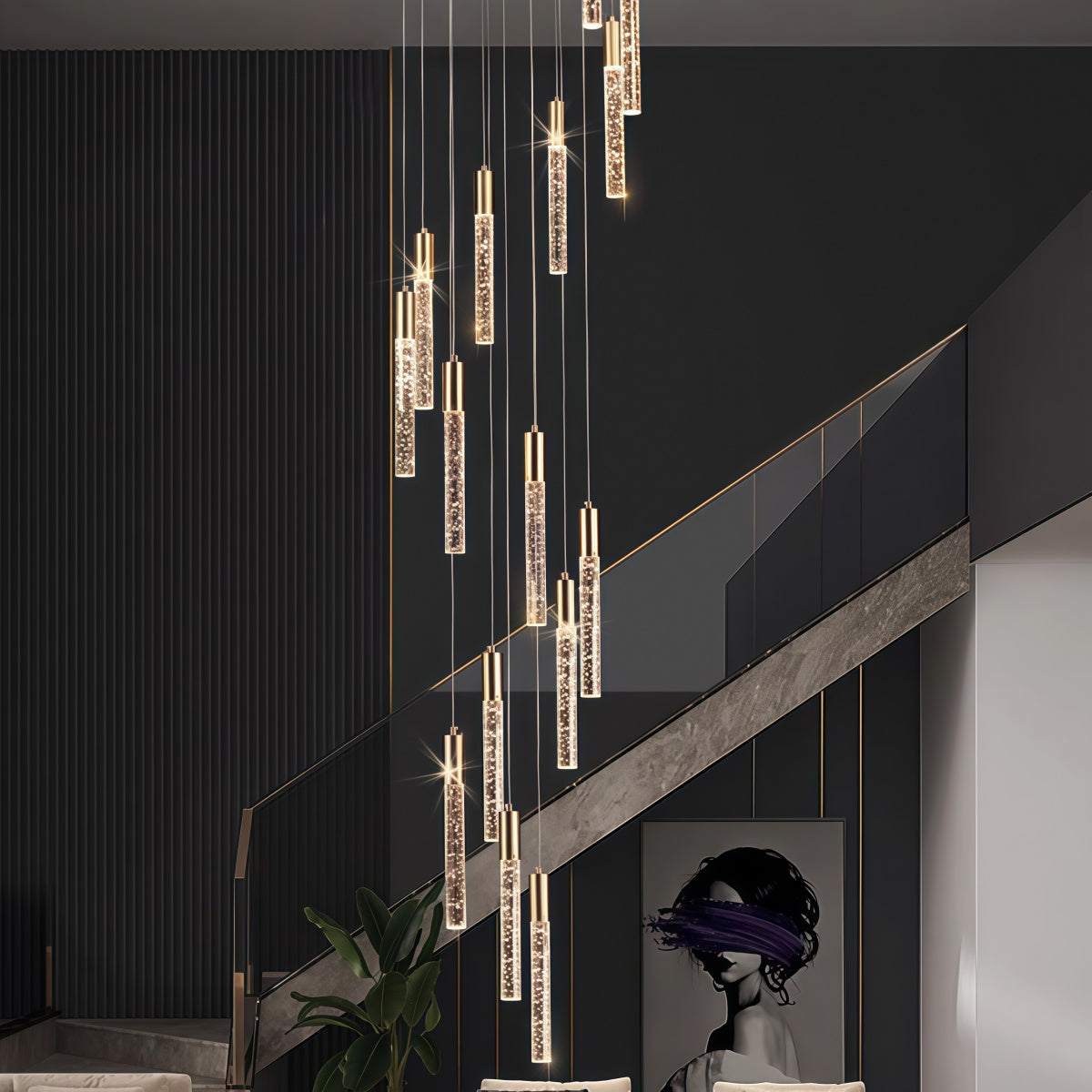 Long Pendant Chandelier for Duplex Apartments Villas Spiral Staircases