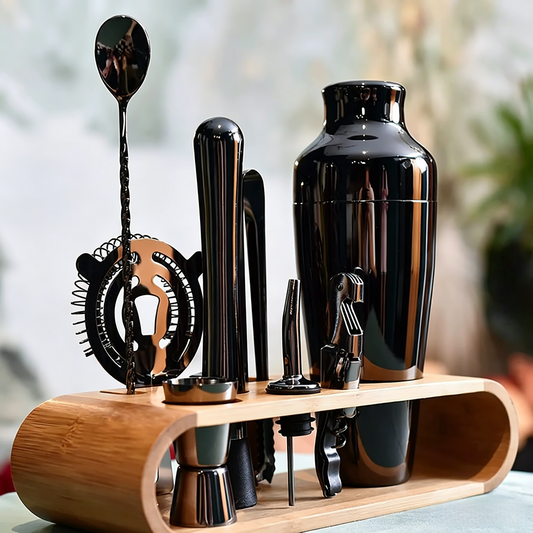 Jazz Black 304 Stainless Steel Cocktail Shaker Set with bamboo rack for home and bar use