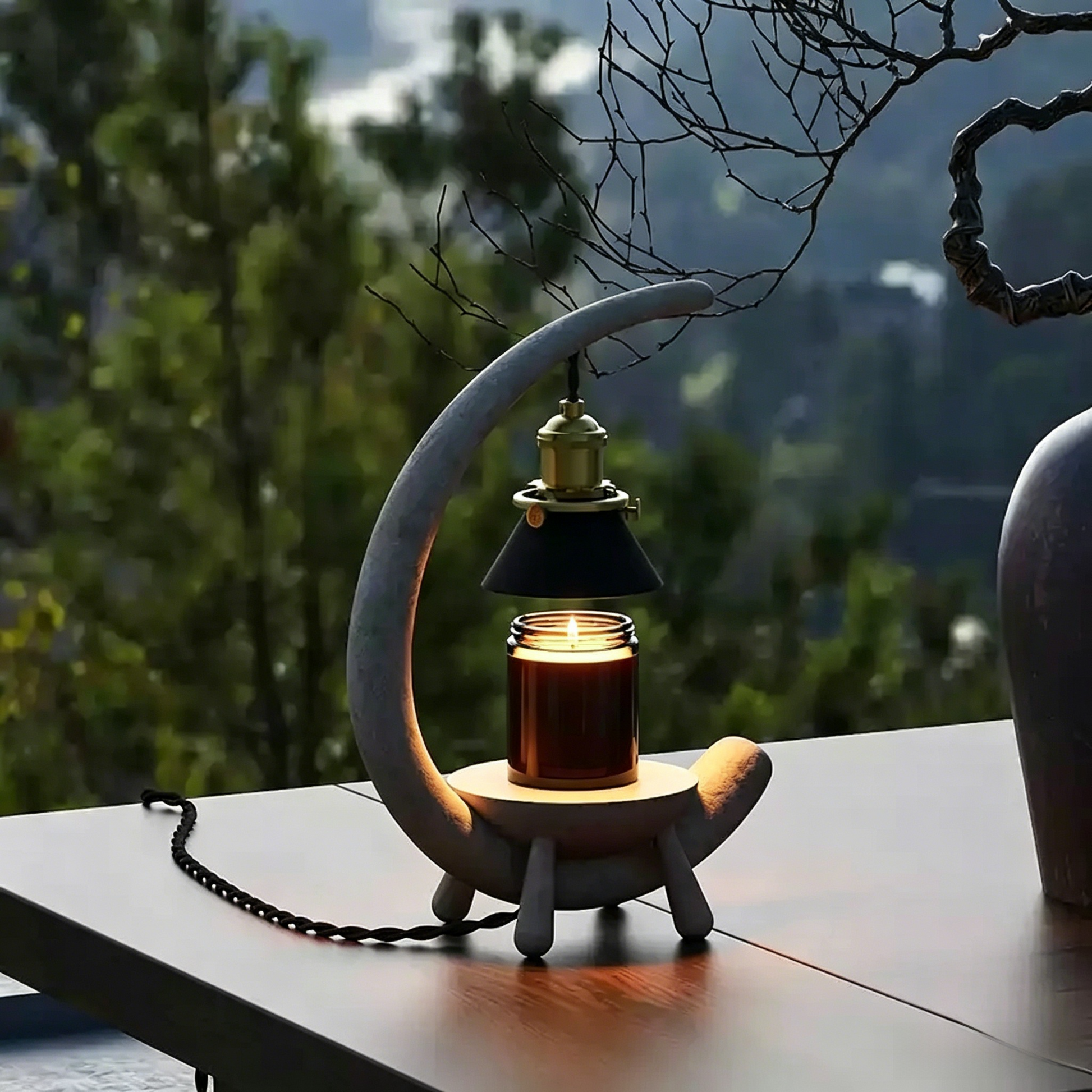 Vintage crescent moon faux stone resin candle warmer with brass fittings for flameless wax melting