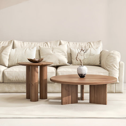 Wabi Sabi solid wood coffee table with round tabletop in a tranquil living room setting.