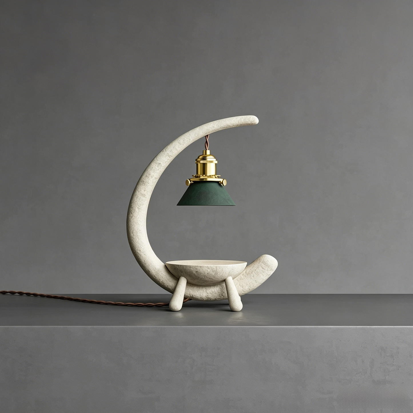 Vintage crescent moon candle warmer with faux stone resin frame and brass fittings for flameless aromatherapy lighting