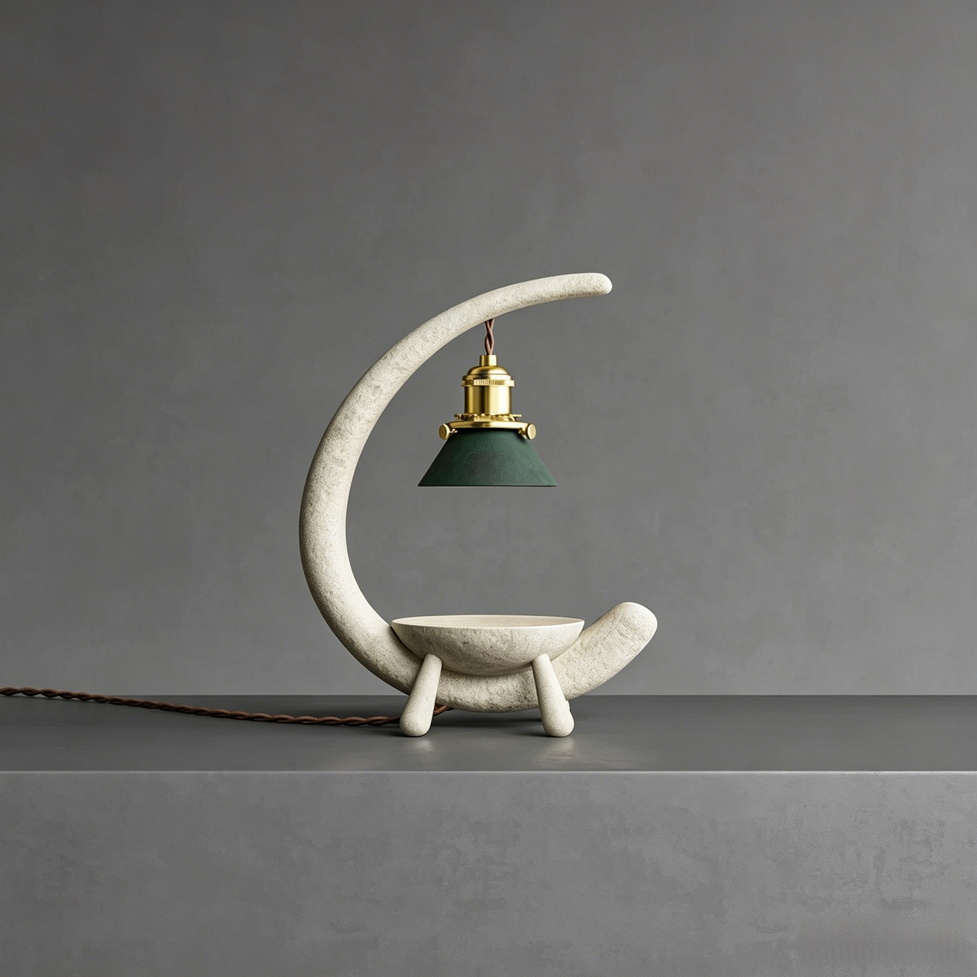Vintage crescent moon candle warmer with faux stone resin frame and brass fittings for flameless aromatherapy lighting