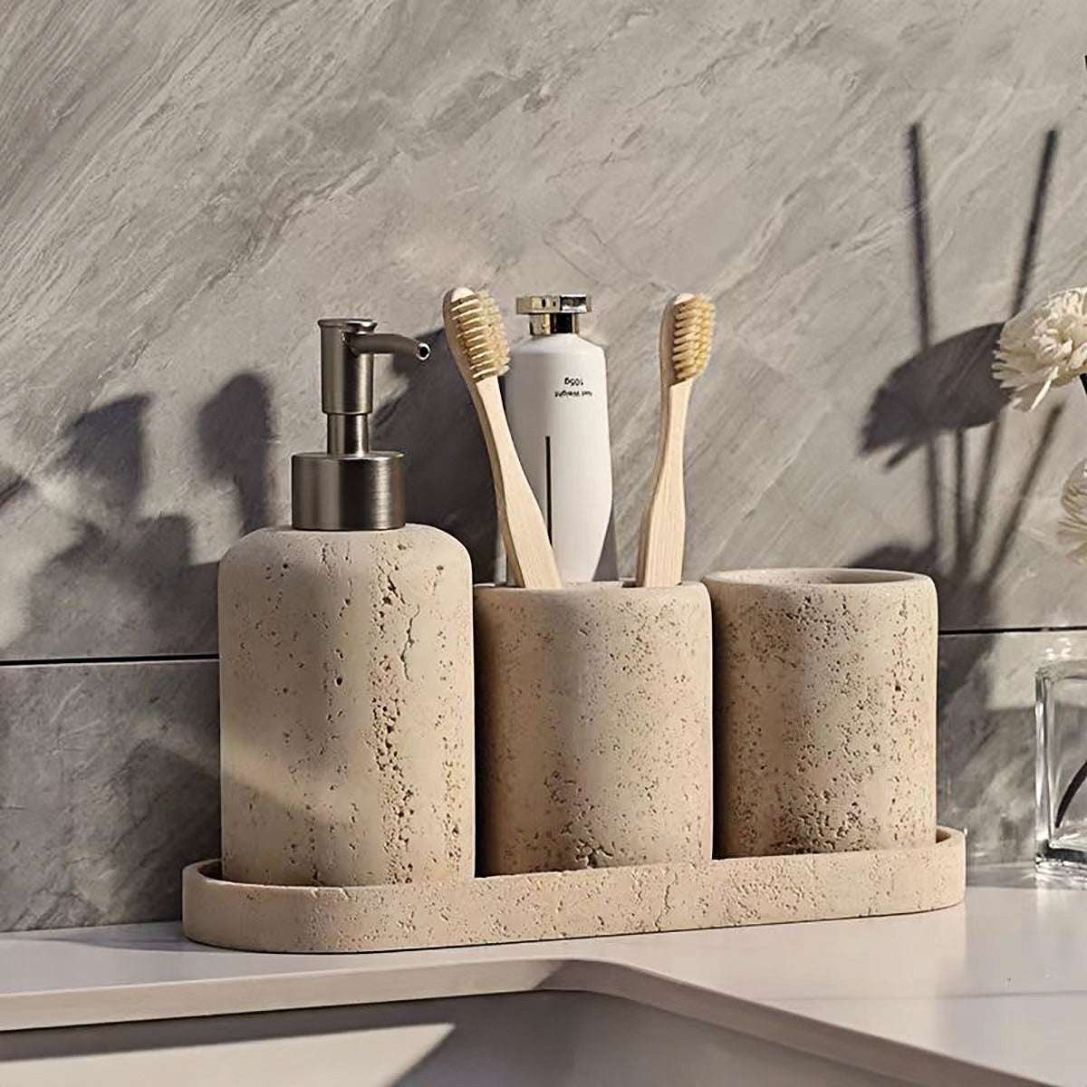 Toothbrush Holder | Elegant Travertine 4-Piece Bathroom Set for Bathrooms
