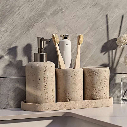 Toothbrush Holder | Elegant Travertine 4-Piece Bathroom Set for Bathrooms