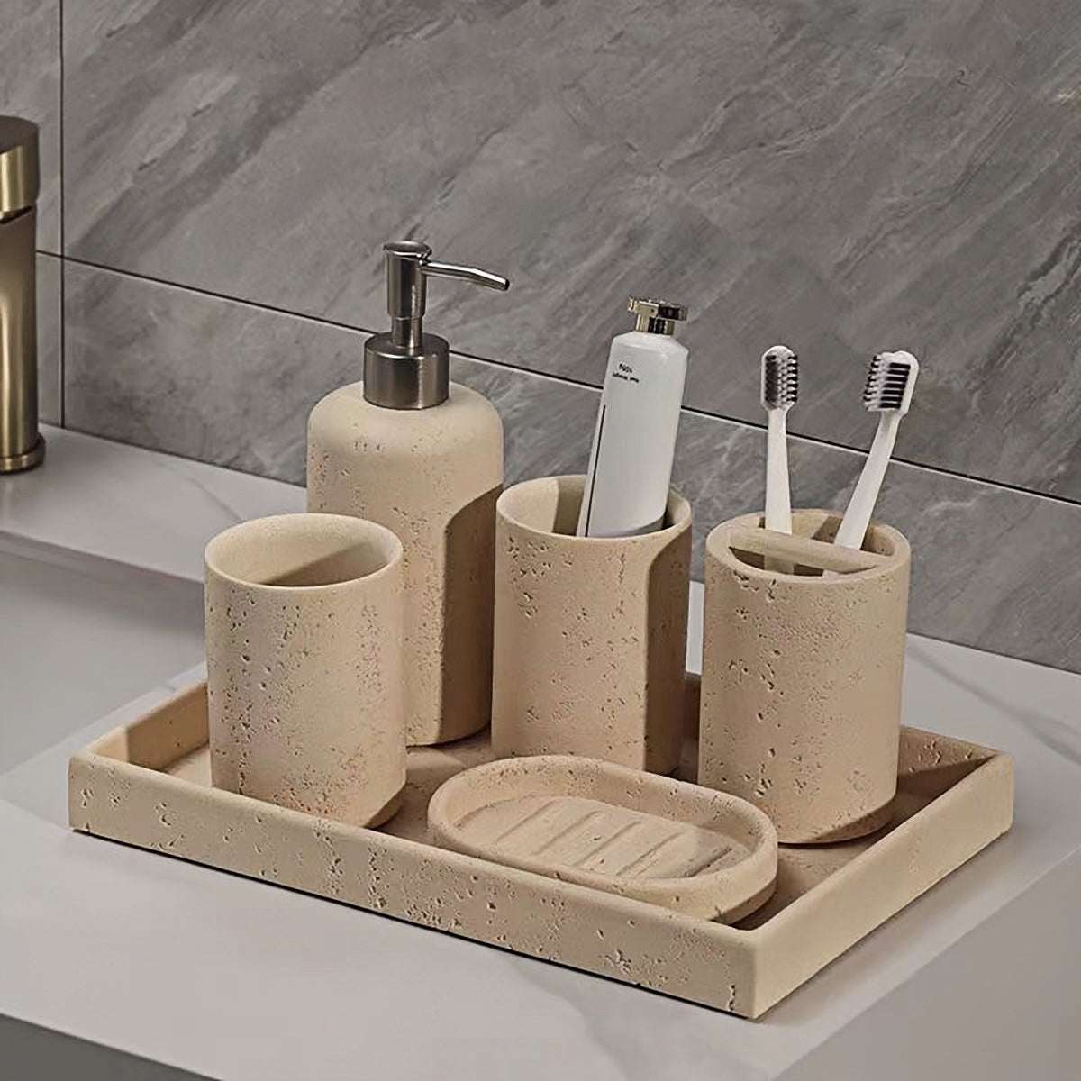 Toothbrush Holder | Elegant Travertine 4-Piece Bathroom Set for Bathrooms