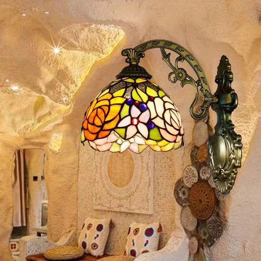 European style stained glass wall sconce with vibrant colors and intricate design, wall-mounted Tiffany light - orangme.com