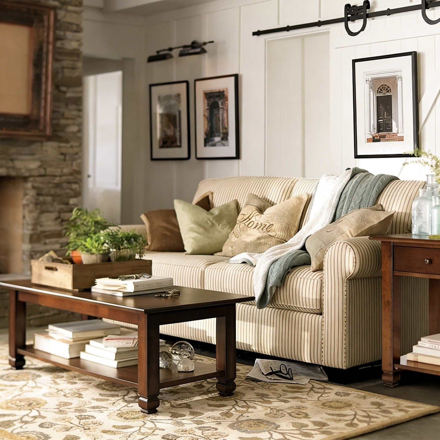 Living room with a beige fabric sofa, wooden coffee table, and decorative elements - orangme.com