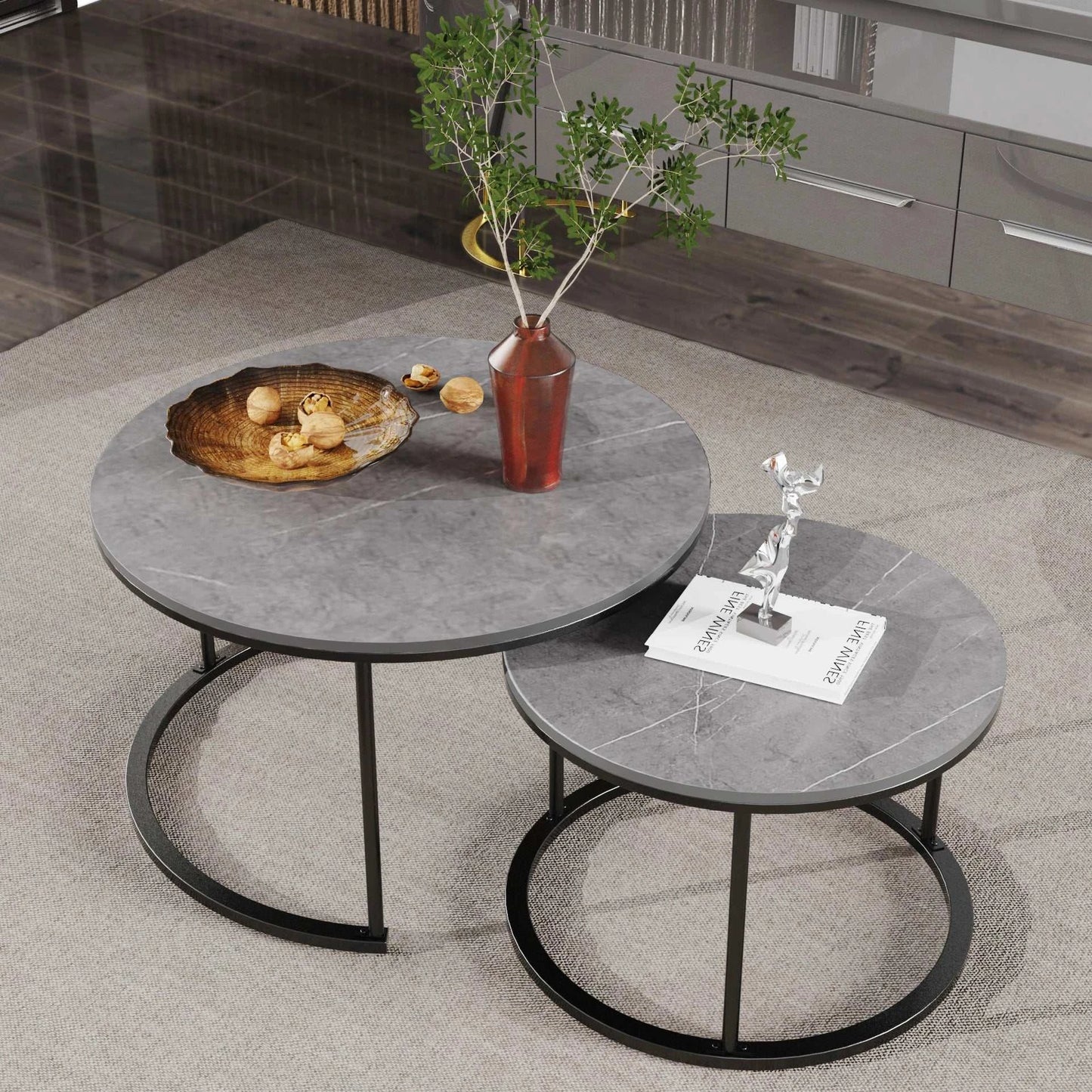 Modern Round Marble Nesting Coffee Table - Set of 2 - Orangme