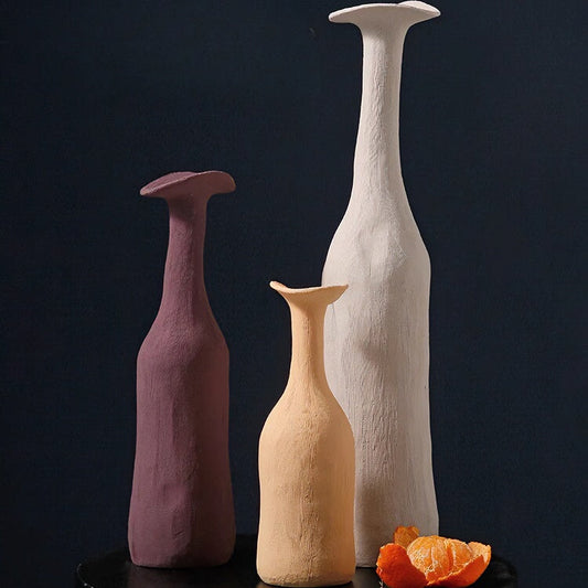 Morandi Creative Ceramic Vase in muted tones with sleek straight-neck minimalist design on wooden table