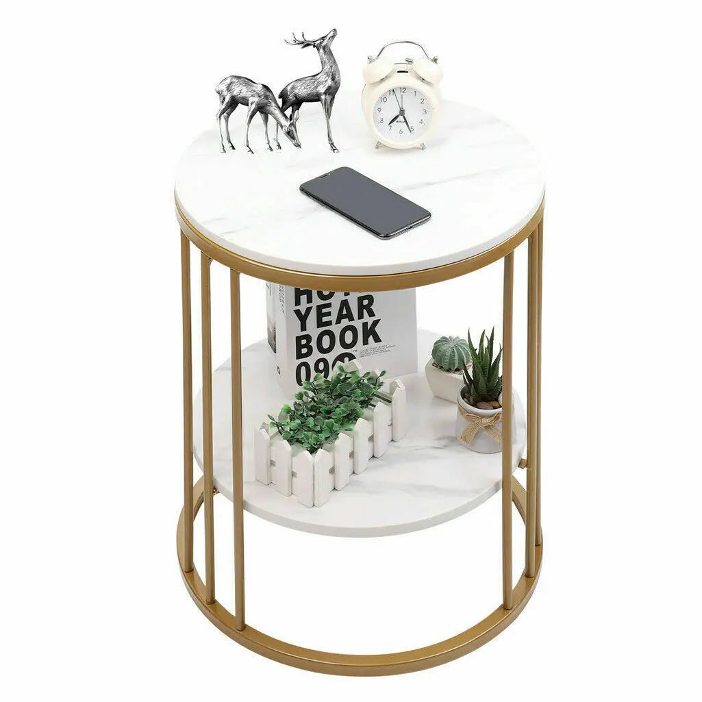 2-Tier White Marble Sofa Side Table for Home & Office