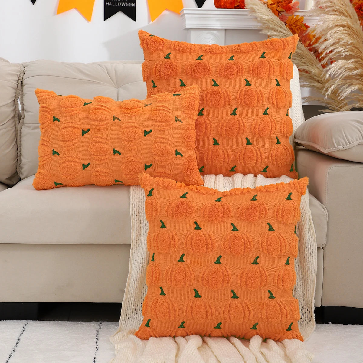 Halloween Pillow Cover | Geometric Ghost & Pumpkin Embroidery