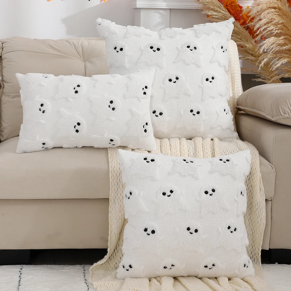 Halloween Pillow Cover | Geometric Ghost & Pumpkin Embroidery