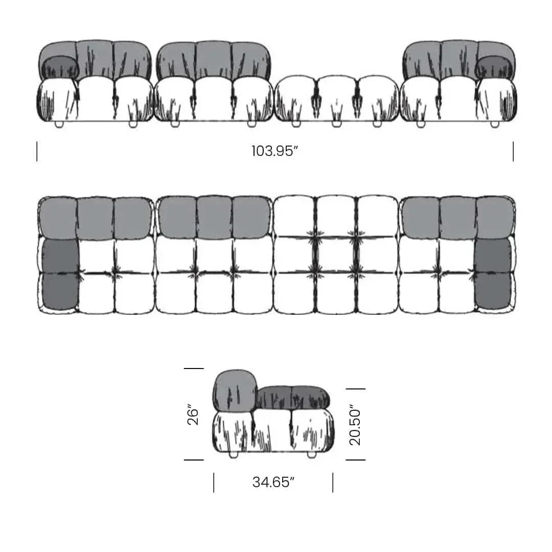 Modern sectional sofa with flexible fabric modules, customizable combinations, dimensions labeled in inches.