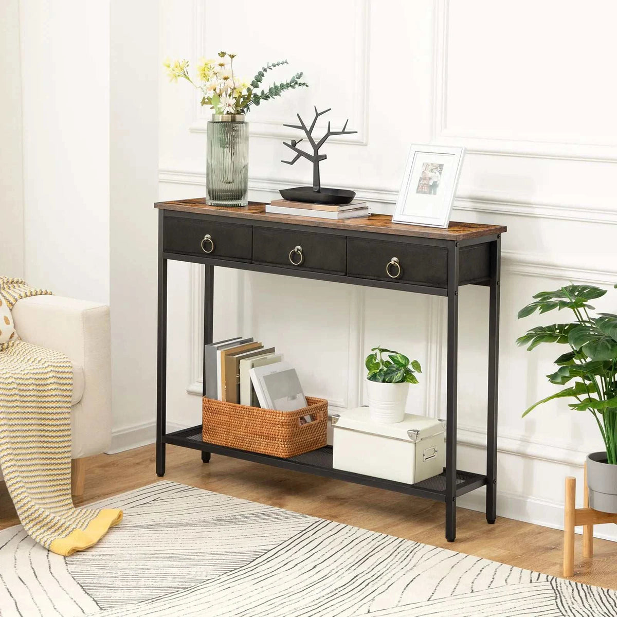 Schmaler Konsolentisch für den Flur – Retro-Stil mit Schubladen – Orangme