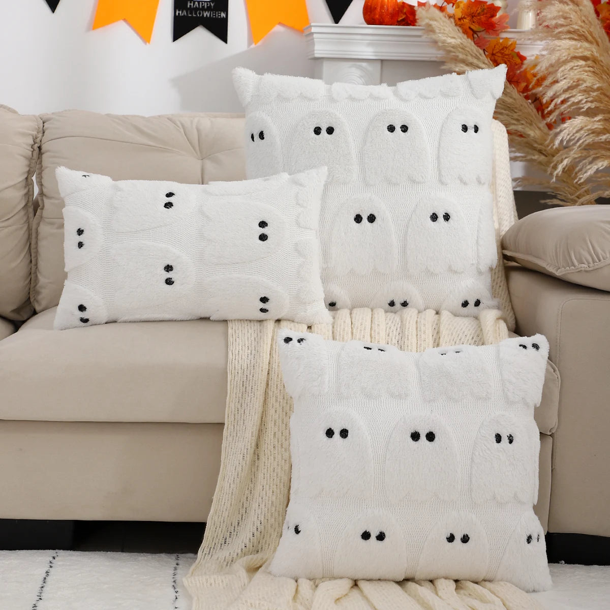 Halloween Pillow Cover | Geometric Ghost & Pumpkin Embroidery