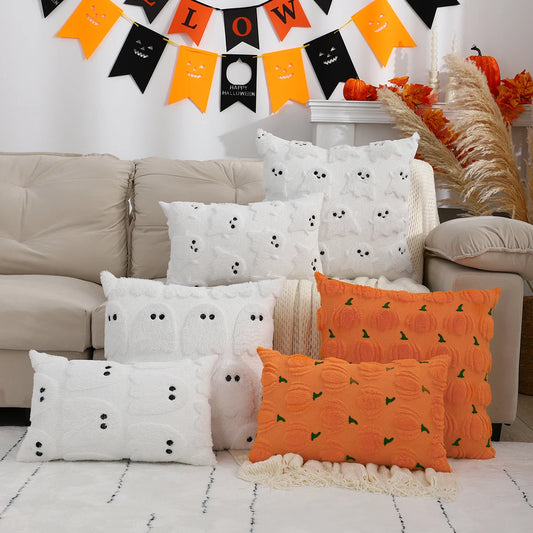 Halloween Pillow Cover | Geometric Ghost & Pumpkin Embroidery