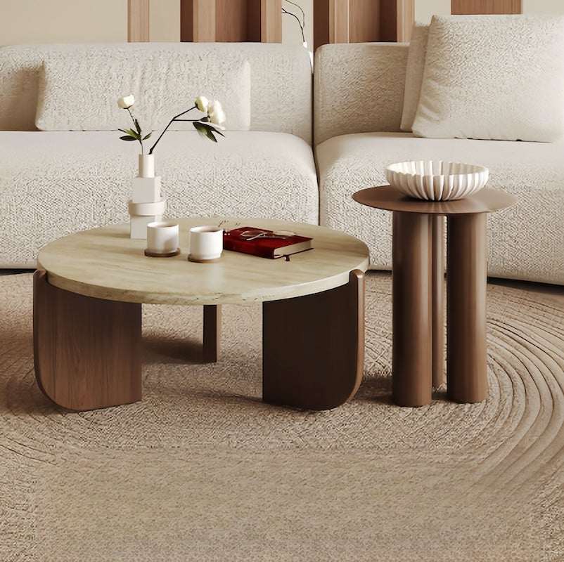 Solid wood natural travertine coffee table with marble top and rubber wood legs in a minimalist living room setting.