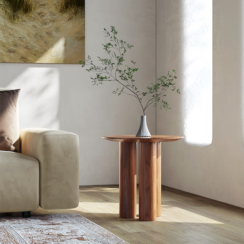 Elegant wood side table in a stylish living room setting, crafted from durable pino wood.