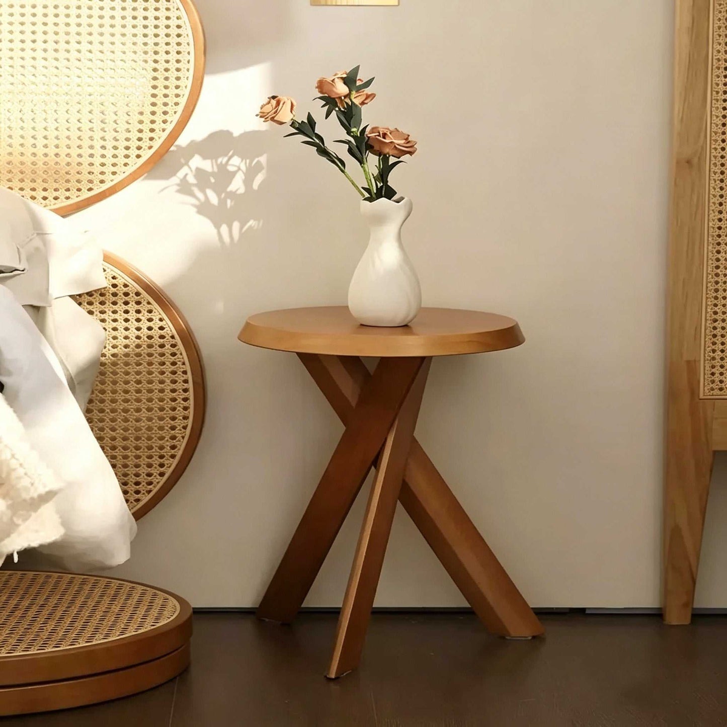 Retro solid wood round side table with three-legged cross frame and smooth finish for small spaces