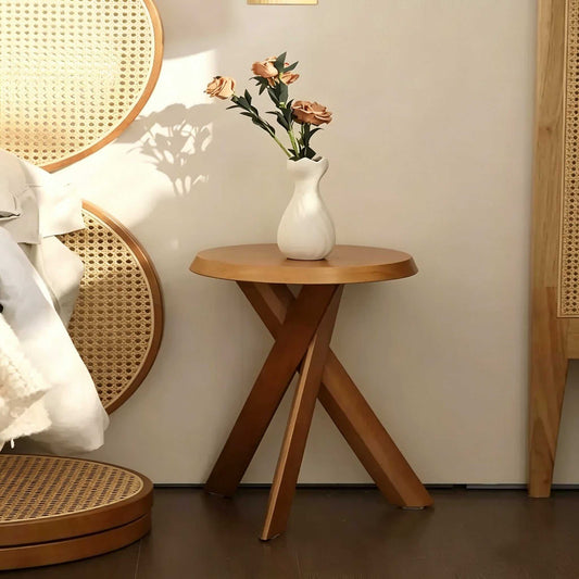 Retro solid wood round side table with three-legged cross frame and smooth finish for small spaces