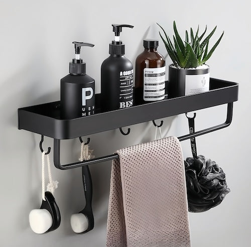 black bathroom shelf with hooks - orangme.com