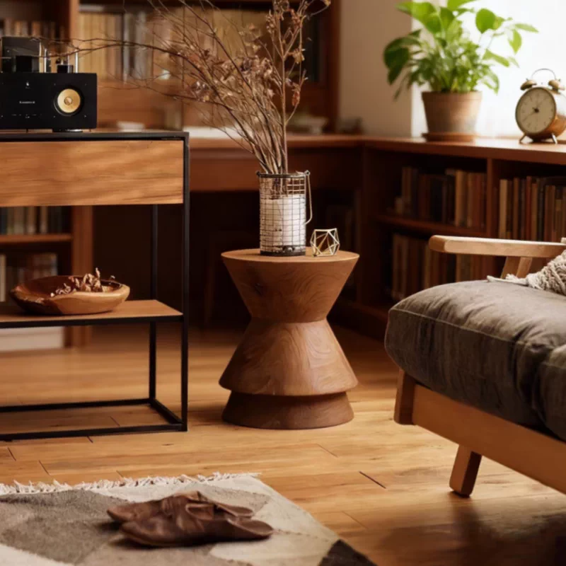 Mid‑Century Carbonized Solid Wood Side Table‑Multi‑Purpose Sofa End Table & Stool